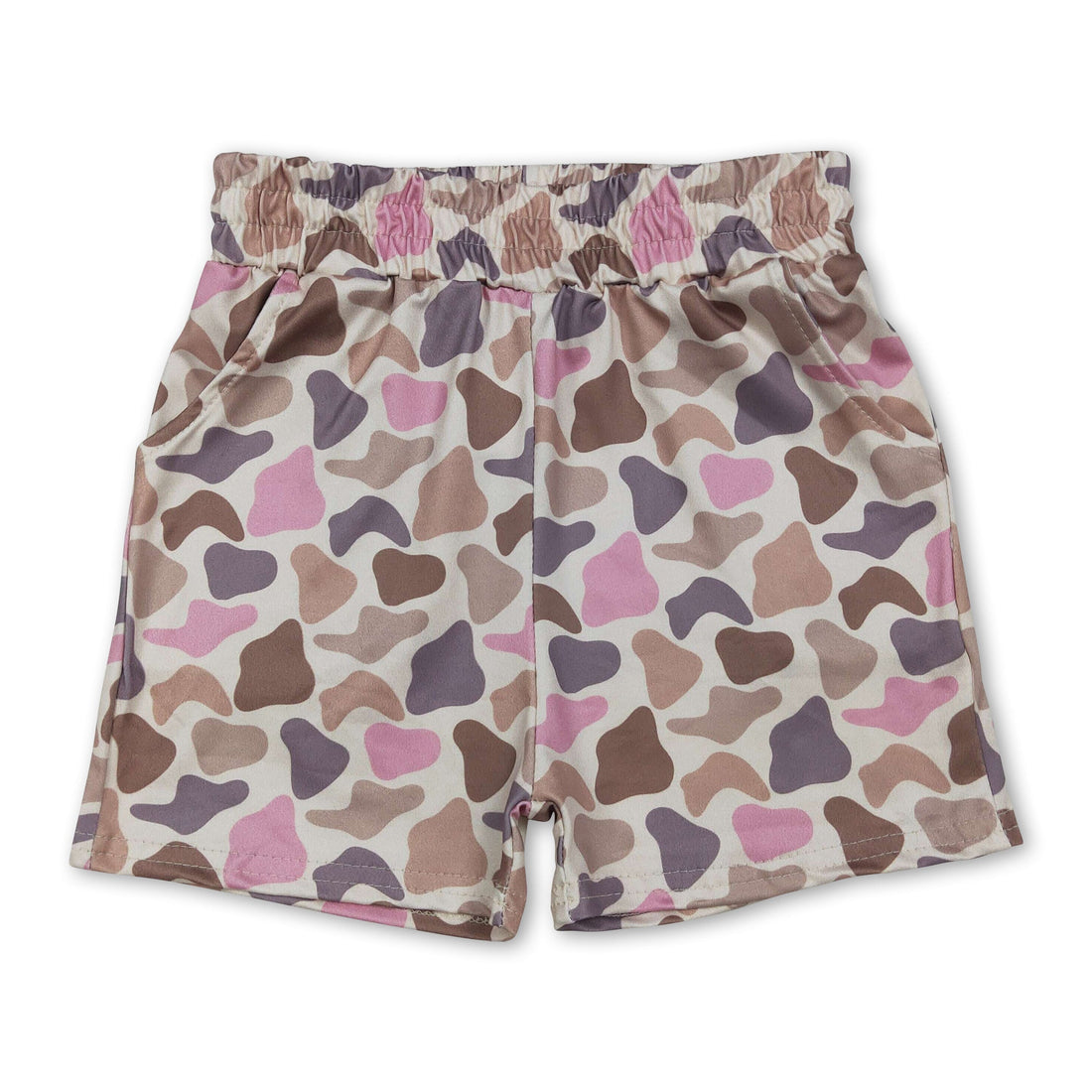 Pink and brown camo girl shorts with pockets and elastic waistband by Mini Rodeo, designed for comfortable kids&