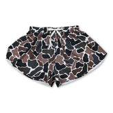 Brown camo adult women summer active shorts by Mini Rodeo, showing lightweight fabric and adjustable waistband for active wear.