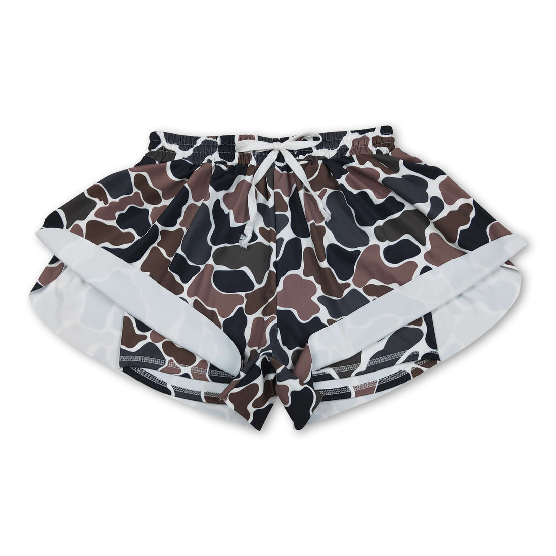 Brown camo adult women’s summer active shorts by Mini Rodeo, featuring breathable fabric and a comfortable fit.