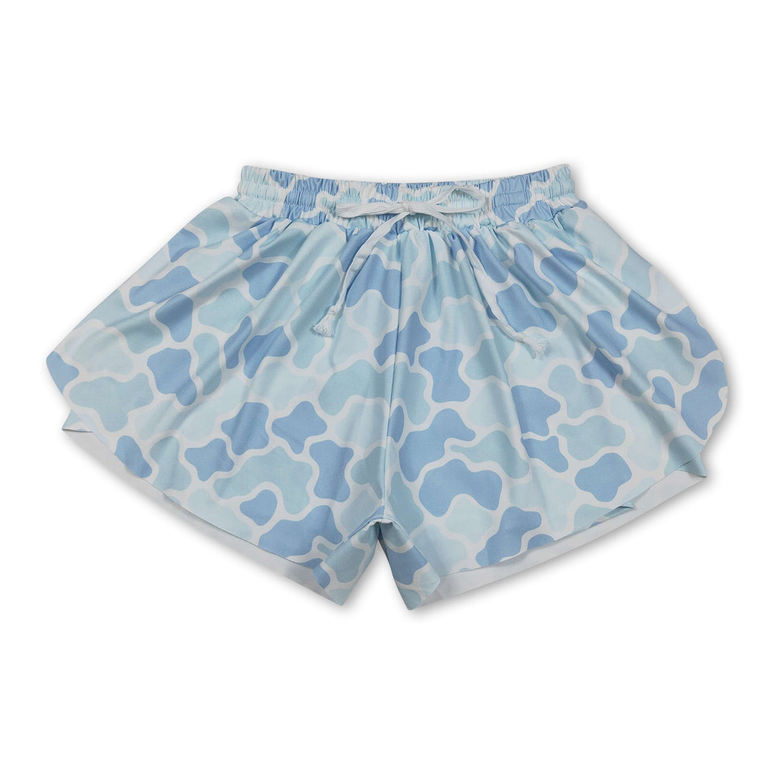 Light blue camouflage women’s summer active shorts by Mini Rodeo, featuring a comfortable fit and stylish design.
