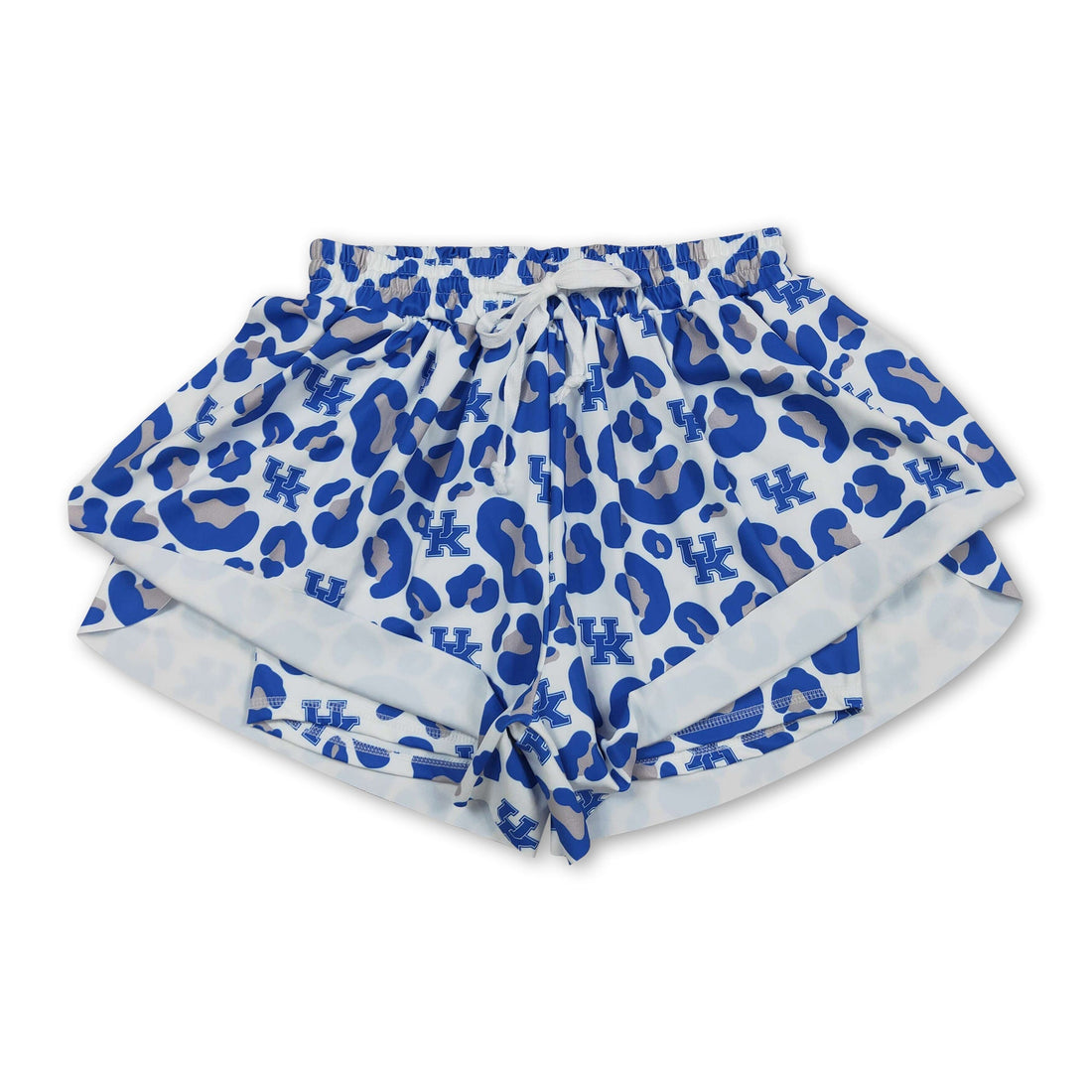 Blue leopard print women’s active shorts by Mini Rodeo, designed for U K adult women, featuring a comfortable fit and stylish pattern.