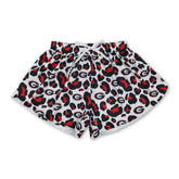 Red leopard print women’s active shorts by Mini Rodeo featuring a stylish, comfortable fit for women’s workout and casual wear.