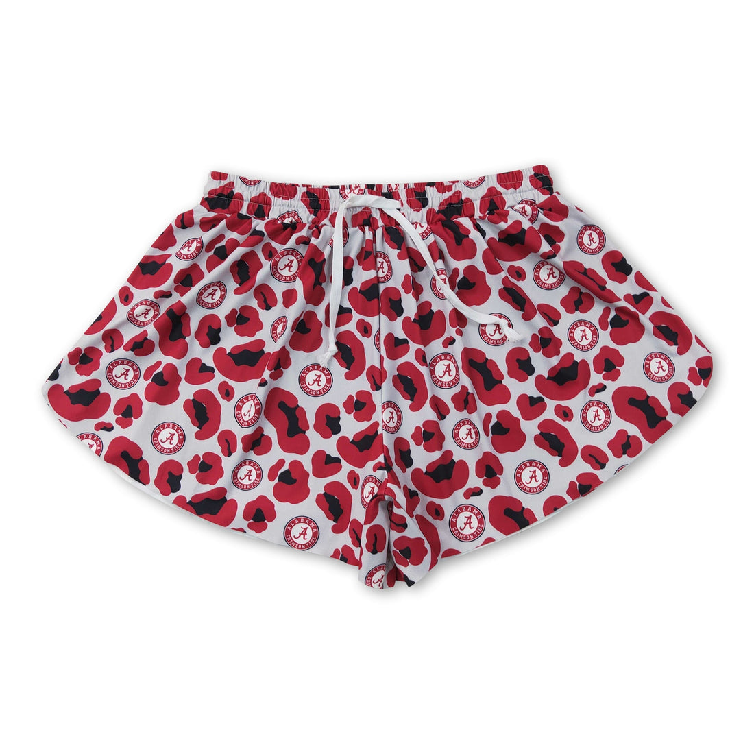 Red leopard print women’s active shorts by Mini Rodeo featuring an A-fit design for adult women.