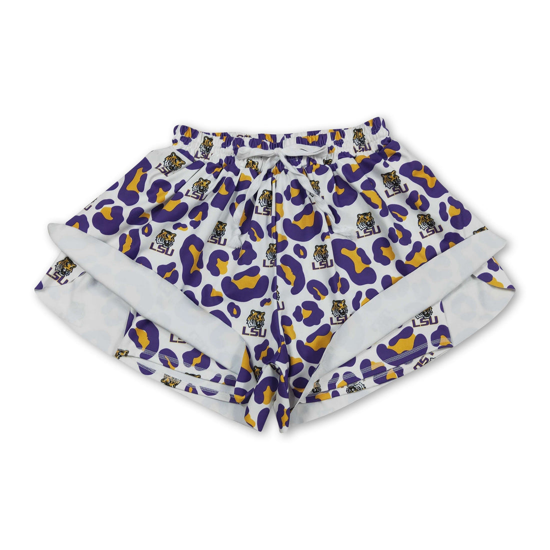 Leopard tiger print women’s active shorts by Mini Rodeo, featuring a bold animal pattern and comfortable fit for active wear.