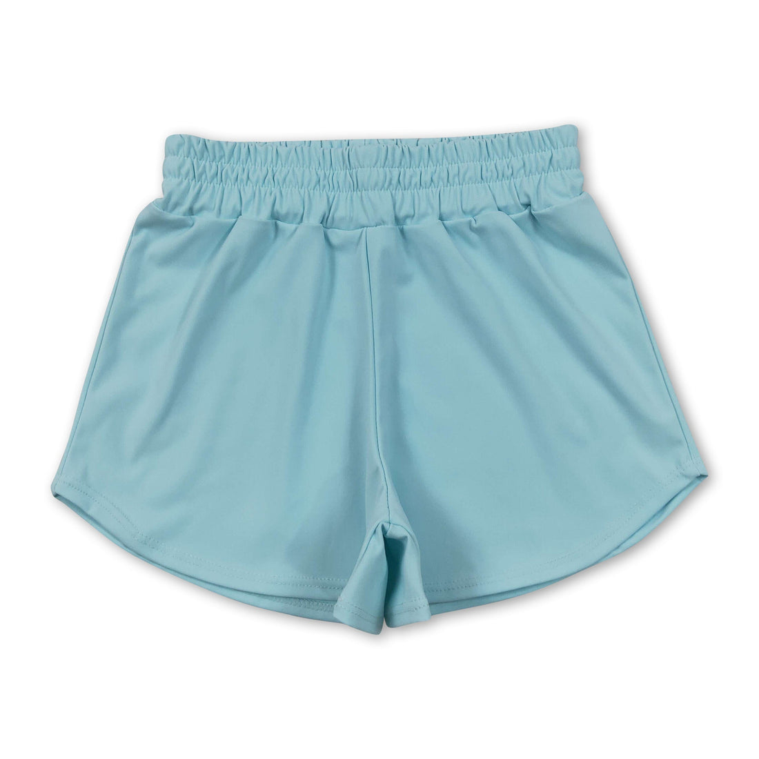 Light blue kids girls summer yoga active shorts by Mini Rodeo, featuring comfortable, breathable fabric and a stylish fit.