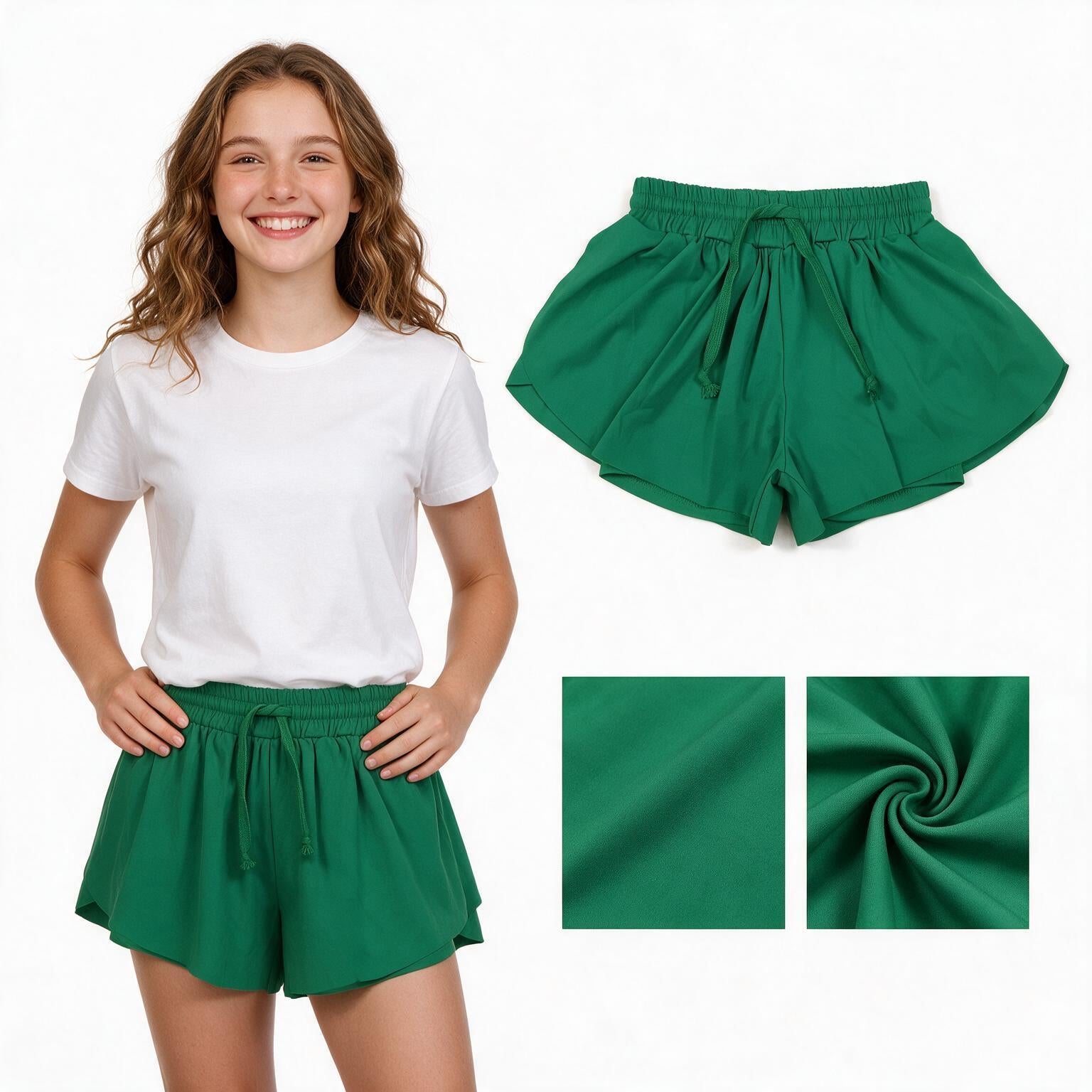 Green elastic waist kids girls active butterfly shorts