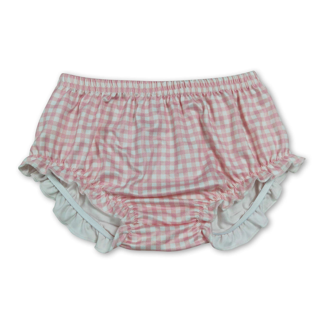 Pink plaid ruffle baby girl bummies by Mini Rodeo featuring summer-style design and ruffled leg openings.