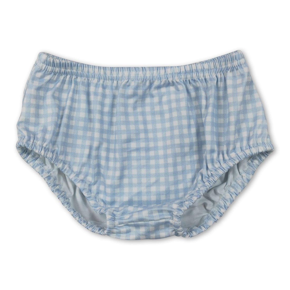 Light blue plaid ruffle bummies for babies and kids by Mini Rodeo, perfect for summer, featuring a soft fabric and ruffle details.