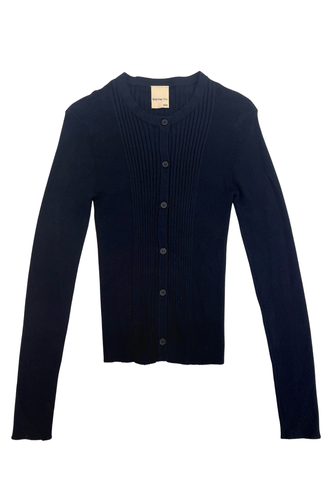 Navy ribbed knit cardigan from findmenowthelabel, featuring a cozy, fitted knitwear design with long sleeves and button closure.