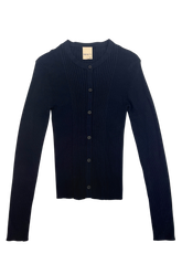 Navy ribbed knit cardigan from findmenowthelabel, featuring a cozy, fitted knitwear design with long sleeves and button closure.