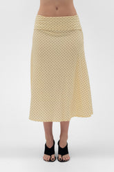 Findmenowthelabel foldover flared maxi skirt in butter color, stylish midi skirt with a flowy, comfortable fit.
