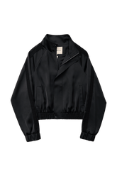 Black Leiseu track jacket by findmenowthelabel, shown flat with front view, featuring a sleek design and zip closure.