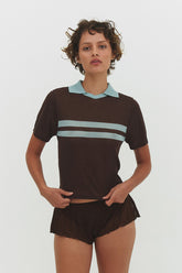 Findmenowthelabel ARACI knit polo top in cocoa cream, showcasing the soft fabric and classic collar design.