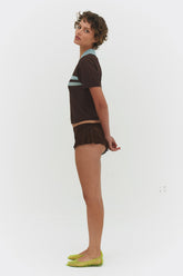 Findmenowthelabel ARACI knit polo top in cocoa cream, featuring a classic design, short sleeves, and a soft knit fabric.