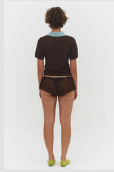 Findmenowthelabel Araci knit polo top in cocoa cream, showcasing the soft, textured fabric and classic polo collar.