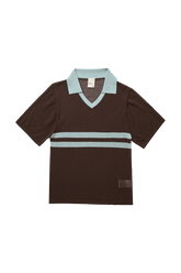 Findmenowthelabel ARACI knit polo top in cocoa cream, flat lay showing soft fabric, collared design, and short sleeves.