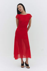 Red VALENTINA Maxi Dress by findmenowthelabel, flowing fabric, sleeveless design, and elegant length shown in the image.