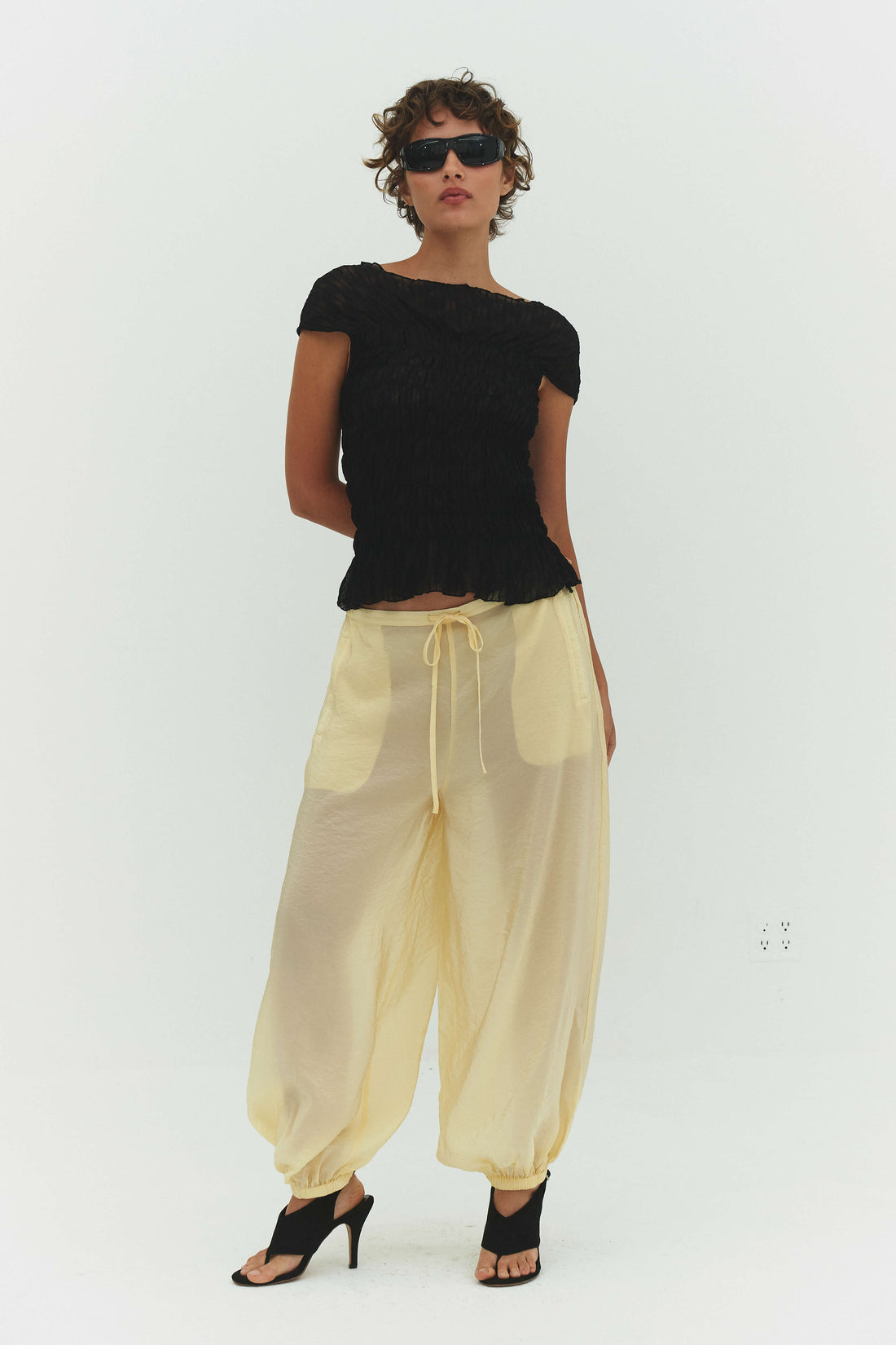 Findmenowthelabel Zora voile pant in butter color, lightweight and flowy fabric, with relaxed fit and wide leg design.