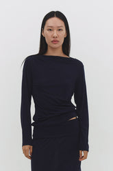 Narae long sleeve navy T-shirt by findmenowthelabel with a relaxed fit, shown on a white background.