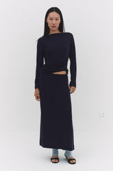 NARAÉ long sleeve navy T-shirt by findmenowthelabel, featuring a fitted design and soft fabric visible in the image.