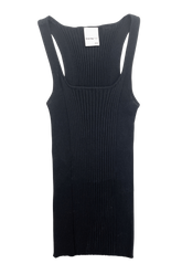 Black ribbed knit tank top from findmenowthelabel, showcasing close-up of fitted knit fabric and sleeveless design.