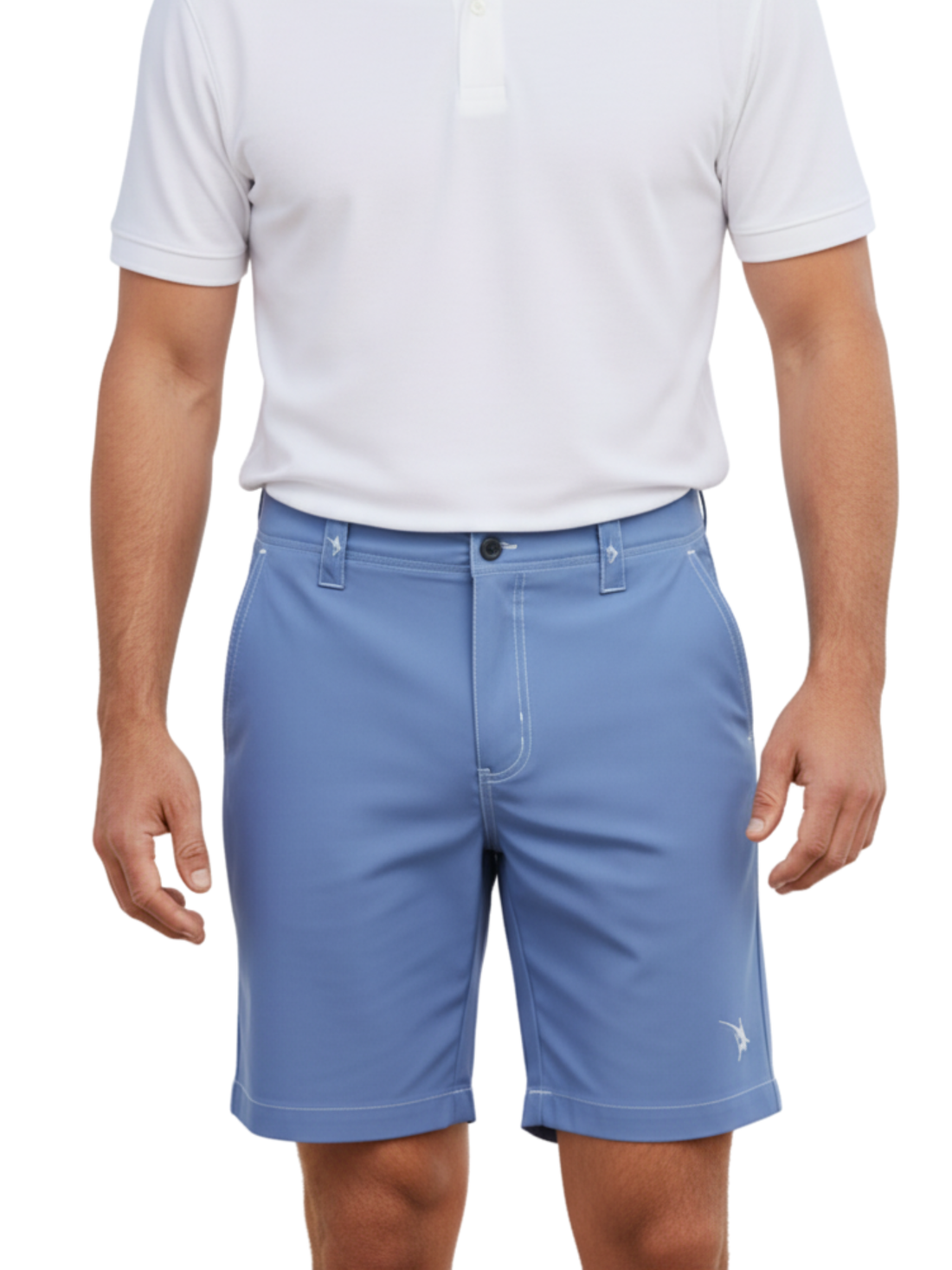 White Water Life Starboard Shorts in steel blue color, displayed on a hanger with fabric details visible.
