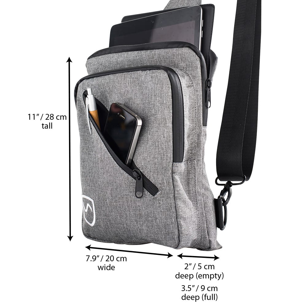 Shield Your Body SYB Sling Bag backpack with adjustable strap and multiple compartments, shown in a close-up image.