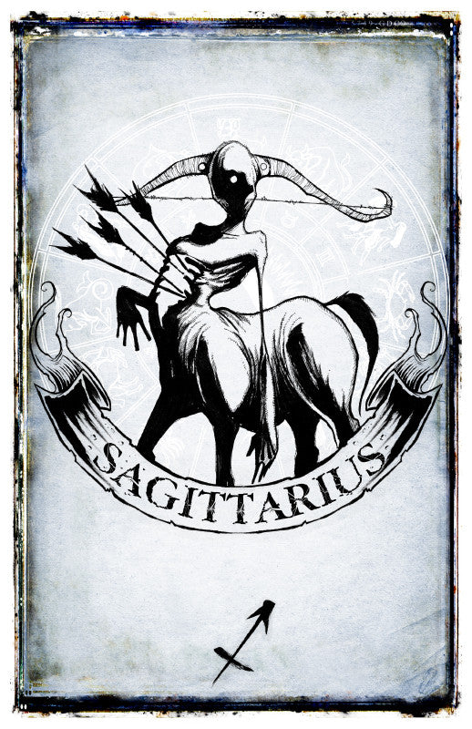 Sagittarius zodiac poster by Any Means Necessary Clothing featuring detailed artwork of the Sagittarius constellation and symbol.