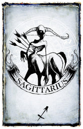 Sagittarius zodiac poster by Any Means Necessary Clothing featuring detailed artwork of the Sagittarius constellation and symbol.