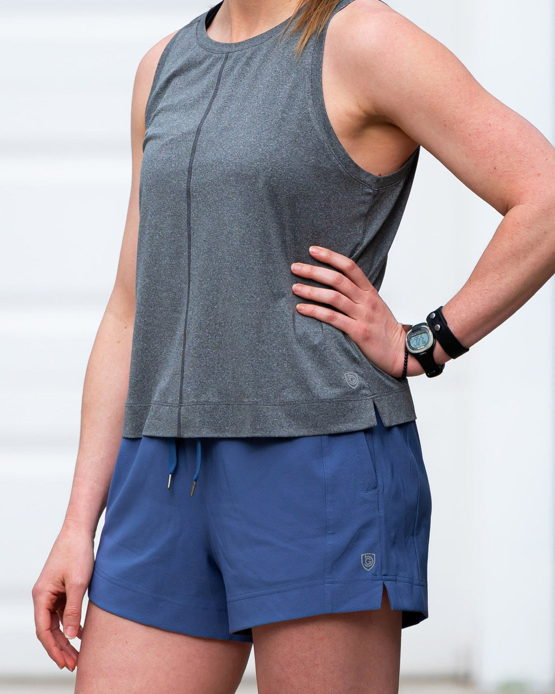 Goal Five boxy crop tank top displayed on a model, featuring a relaxed fit and casual style perfect for everyday wear.