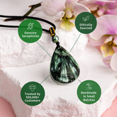 Seraphinite pendant necklace from Conscious Items featuring a rare angelic-inspired gemstone with intricate silver detailing.
