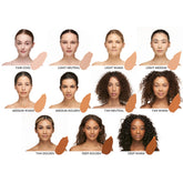 YENSA Super Serum Silk Natural Glow Hydrating Foundation shade chart with swatches showing radiant, natural skin tones.