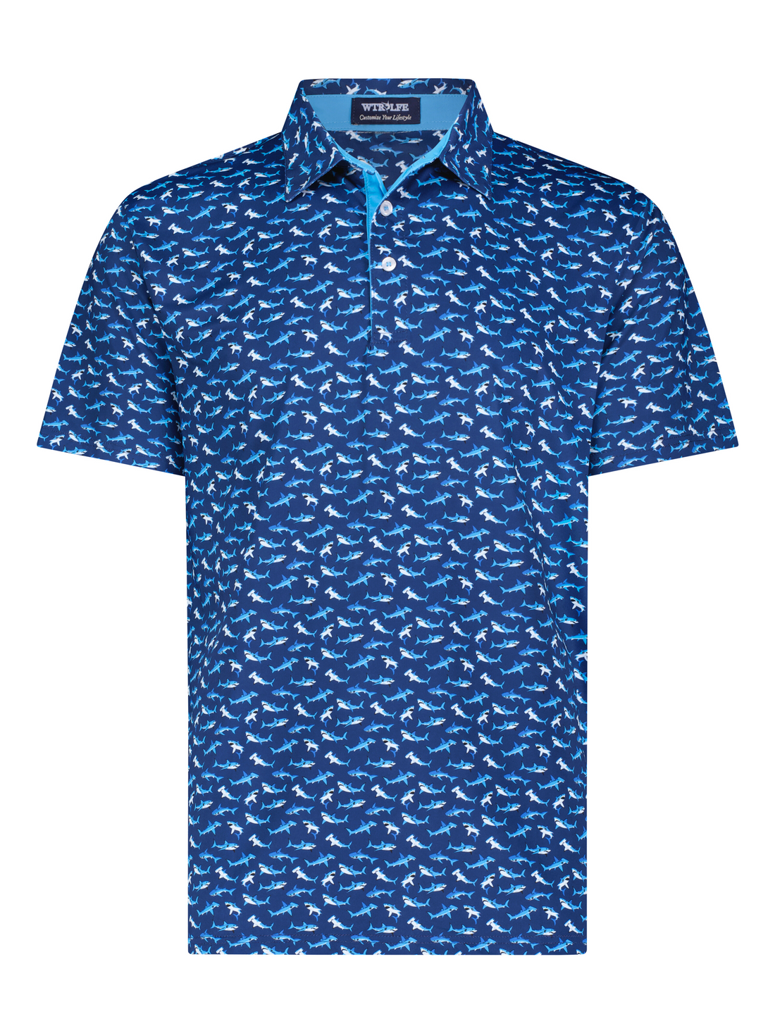 White Water Life Sharks Polo shirt featuring a shark graphic, casual men&