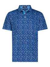 White Water Life Sharks Polo shirt featuring a shark graphic, casual men&