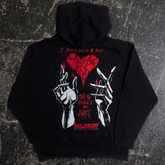 Black zip-up hoodie from Any Means Necessary Clothing with sharp edge design on the back.