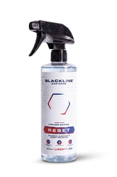 Blackline Car Care BLACKLINE® Reset interior cleaner and scent booster bottle, with cleaning and freshening features visible.