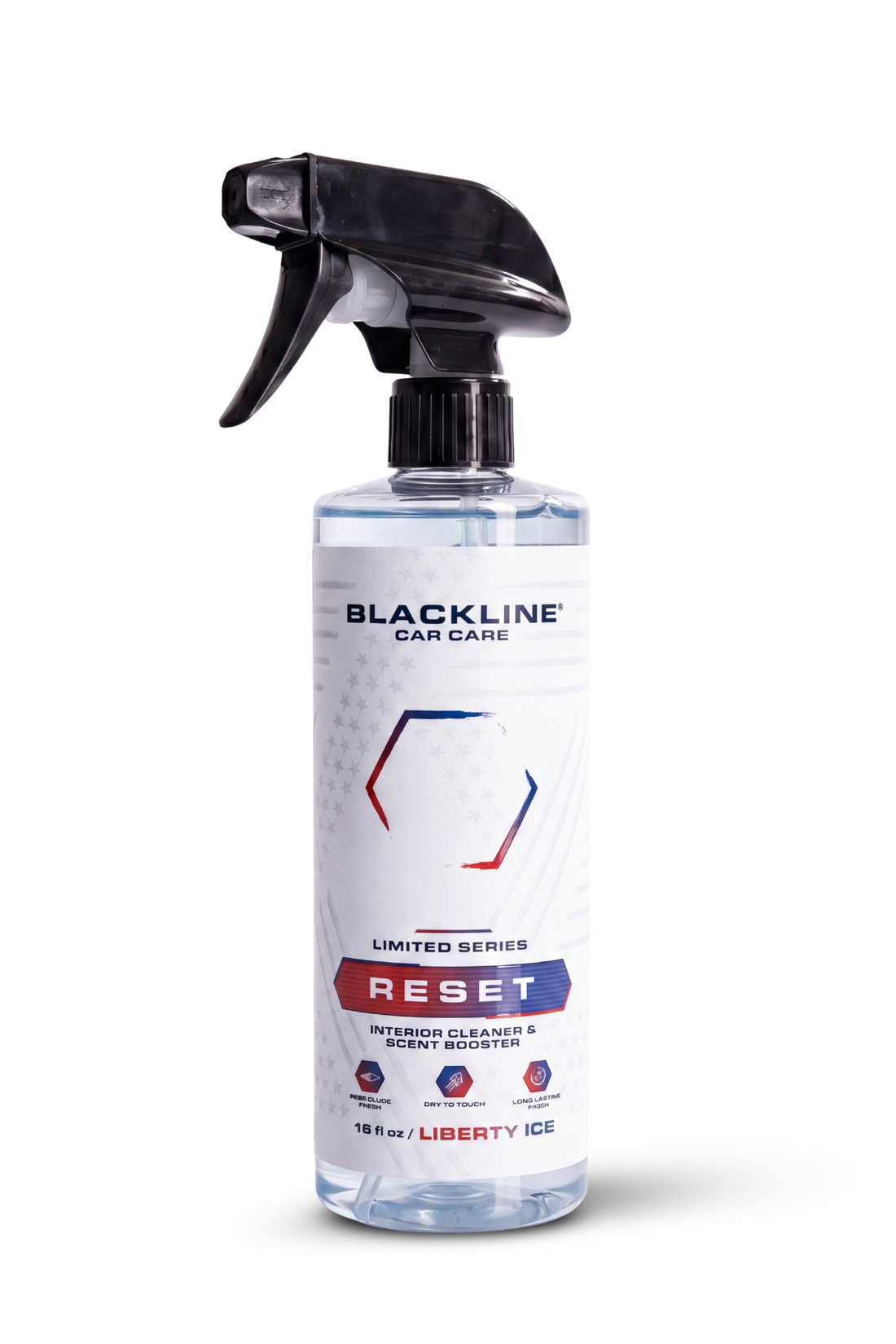 Blackline Car Care BLACKLINE® RESET interior cleaner and scent booster bottle with label, designed for vehicle interior cleaning.