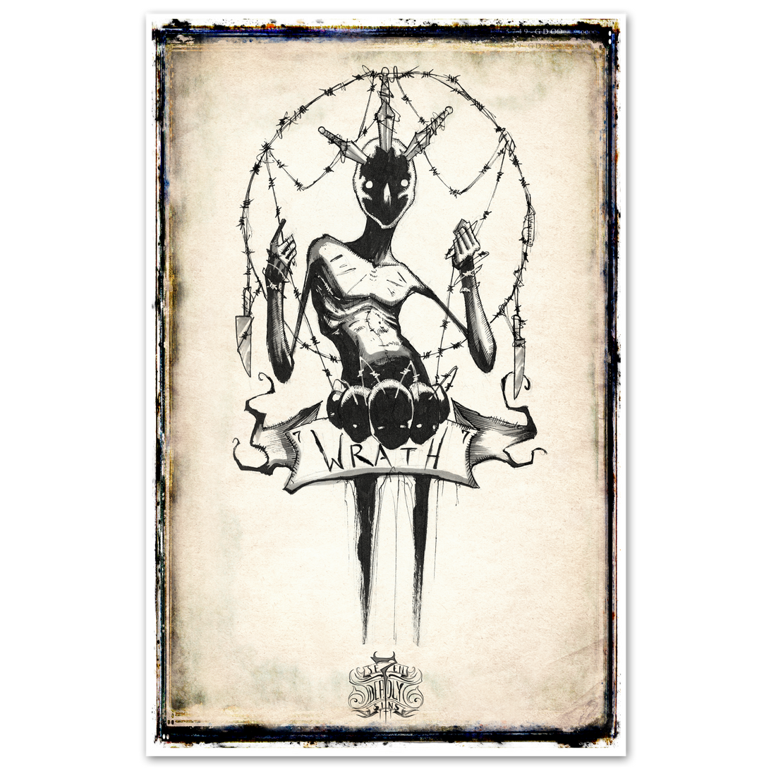 Colorful Se7en Deadly Sins poster featuring detailed illustrations, designed by Any Means Necessary Clothing.