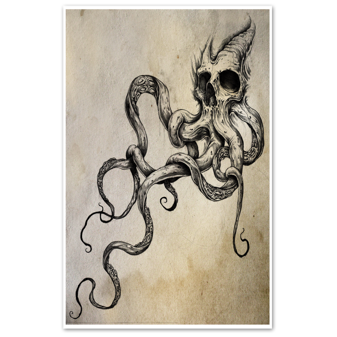Colorful Skulltapus tattoo print poster featuring a detailed octopus skull design from Any Means Necessary Clothing.