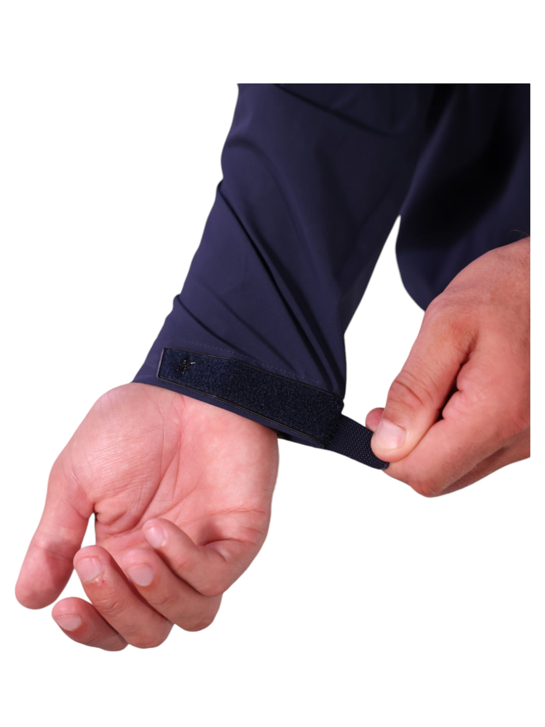 White Water Life Palm Beach waterproof quarter zip sweatshirt sleeve showing the navy fabric and zipper detail.