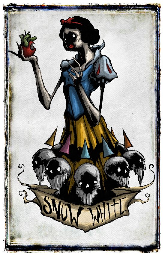 Disney Darkness Prints poster featuring Snow White artwork by Any Means Necessary Clothing, showcasing a dark, artistic interpretation of Snow White.