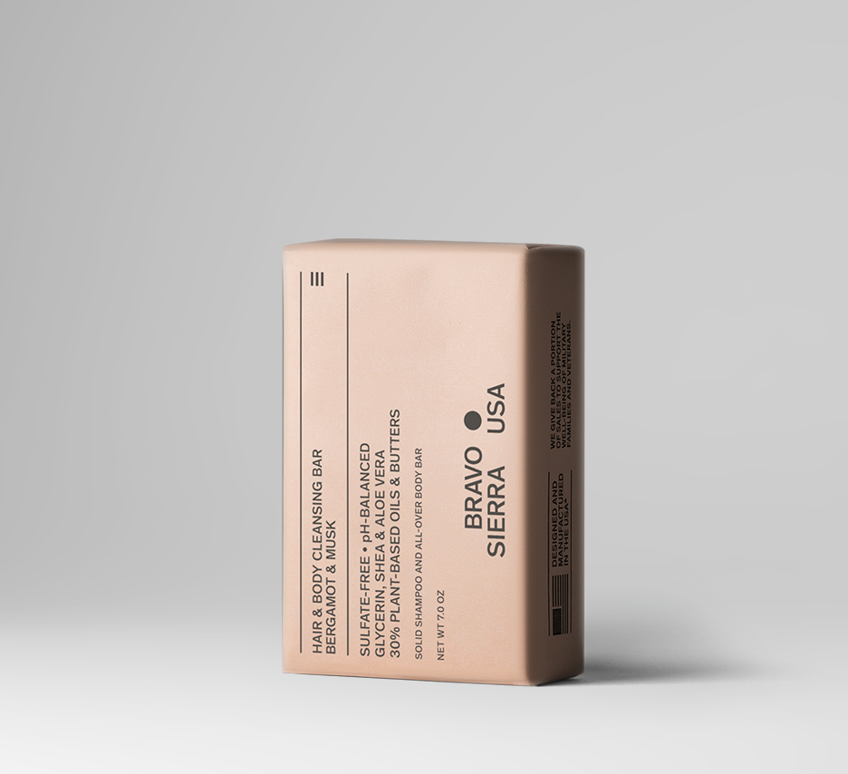Solid cleanser bar by Bravo Sierra with bergamot and musk scent, designed for hair and body cleansing.