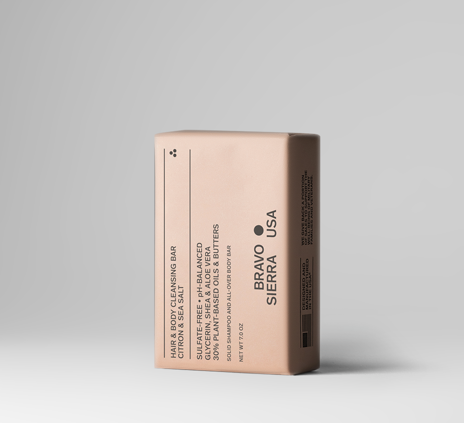 Bravo Sierra solid cleansing bar with citron and sea salt for hair and body, featuring natural ingredients in a compact soap form.