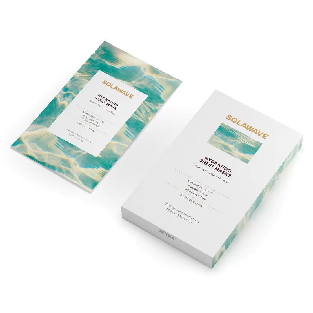 Solawave hydrating sheet mask with niacinamide and hyaluronic acid, designed for use with red light therapy masks and Solawave wand.