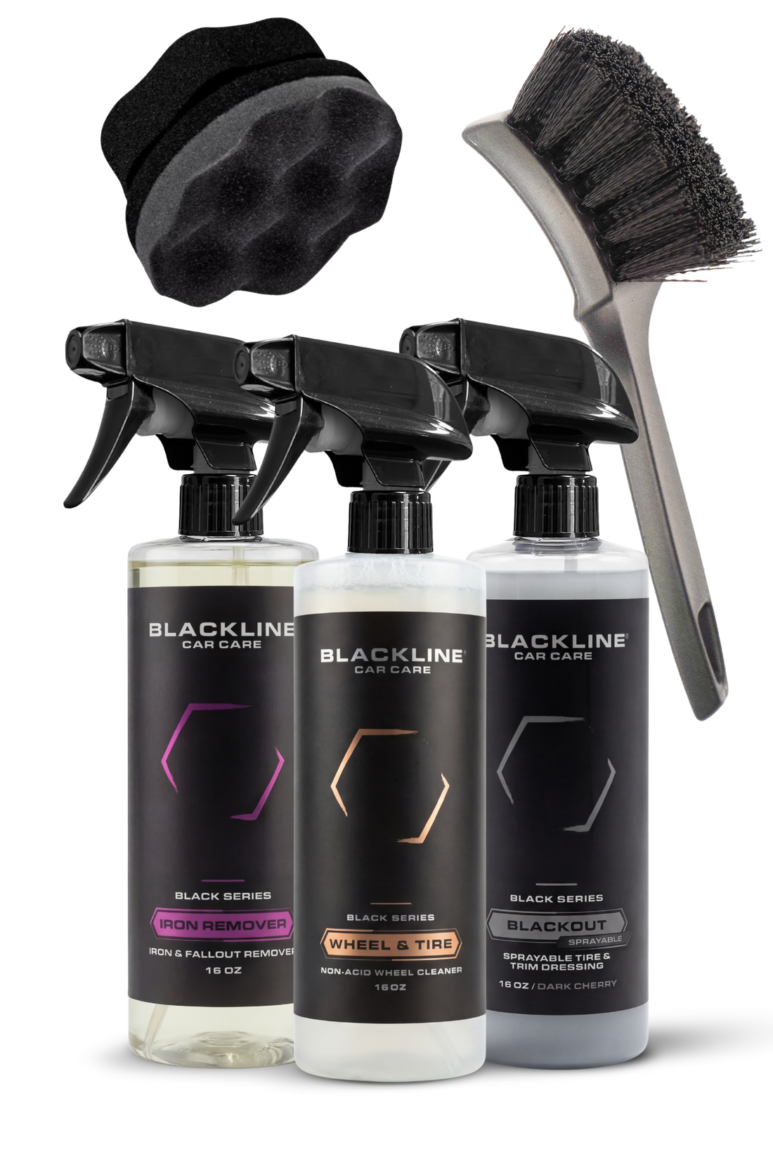 Blackline Car Care BLACKLINE® Blackout trim and tire dressing spray bundle showing application on tires and trim.
