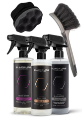 Blackline Car Care BLACKLINE® Blackout trim and tire dressing spray bundle showing application on tires and trim.