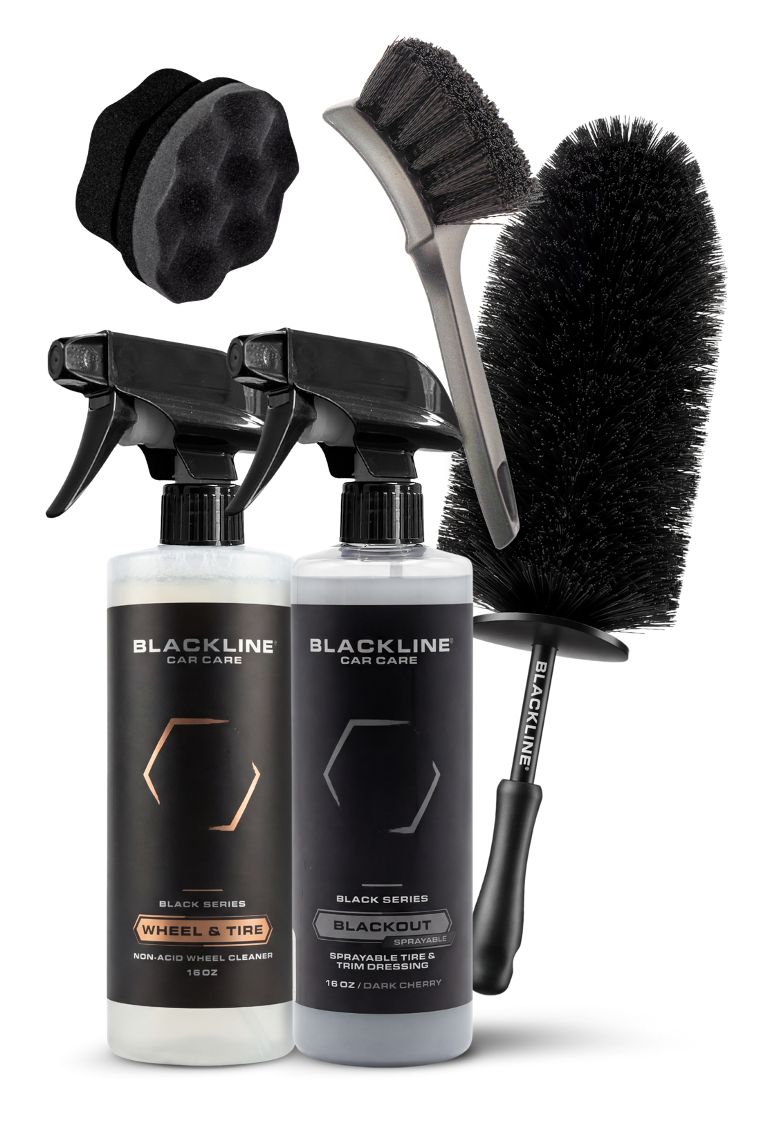 Blackline Car Care BLACKLINE® Blackout Trim &amp; Tire Dressing spray bundle showing bottles of trim and tire dressing product