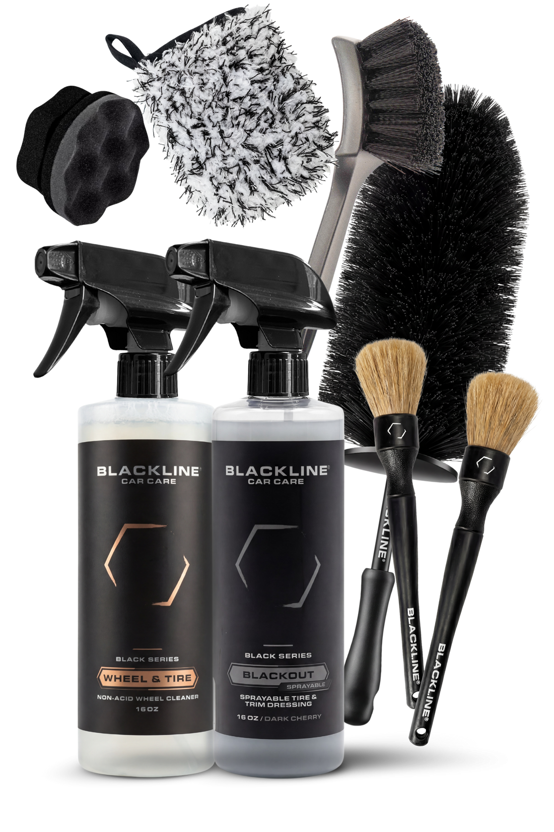 Blackline Car Care BLACKLINE® Blackout Trim and Tire Dressing spray for enhancing and protecting car trim and tires.