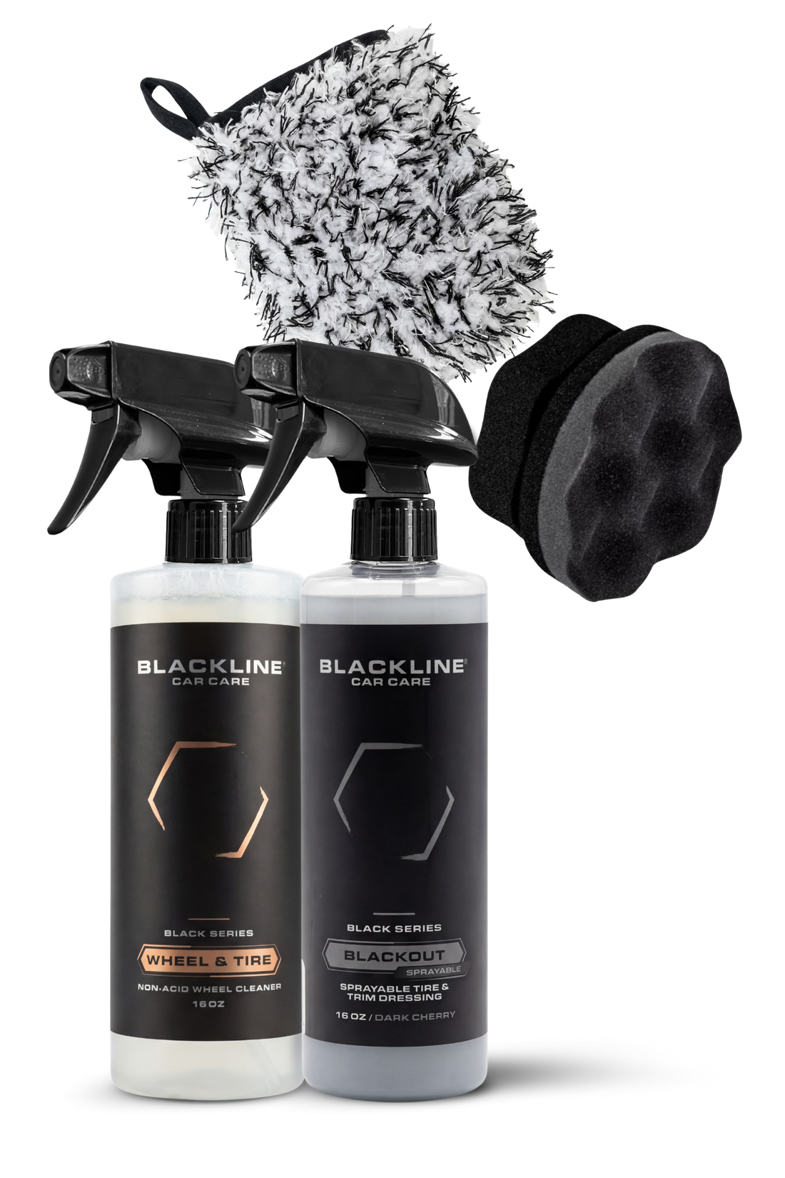 Blackline Car Care BLACKLINE® Blackout Trim and Tire Dressing spray being applied to vehicle trim and tires for a sleek finish.