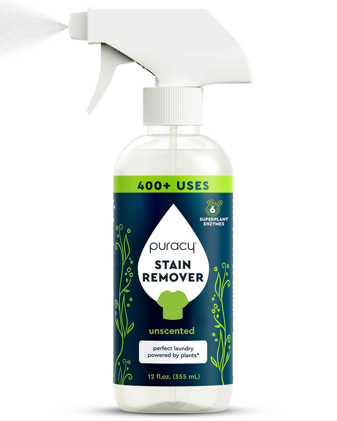 Puracy laundry stain remover bottle with label, 12oz size, designed to eliminate tough stains from clothing.